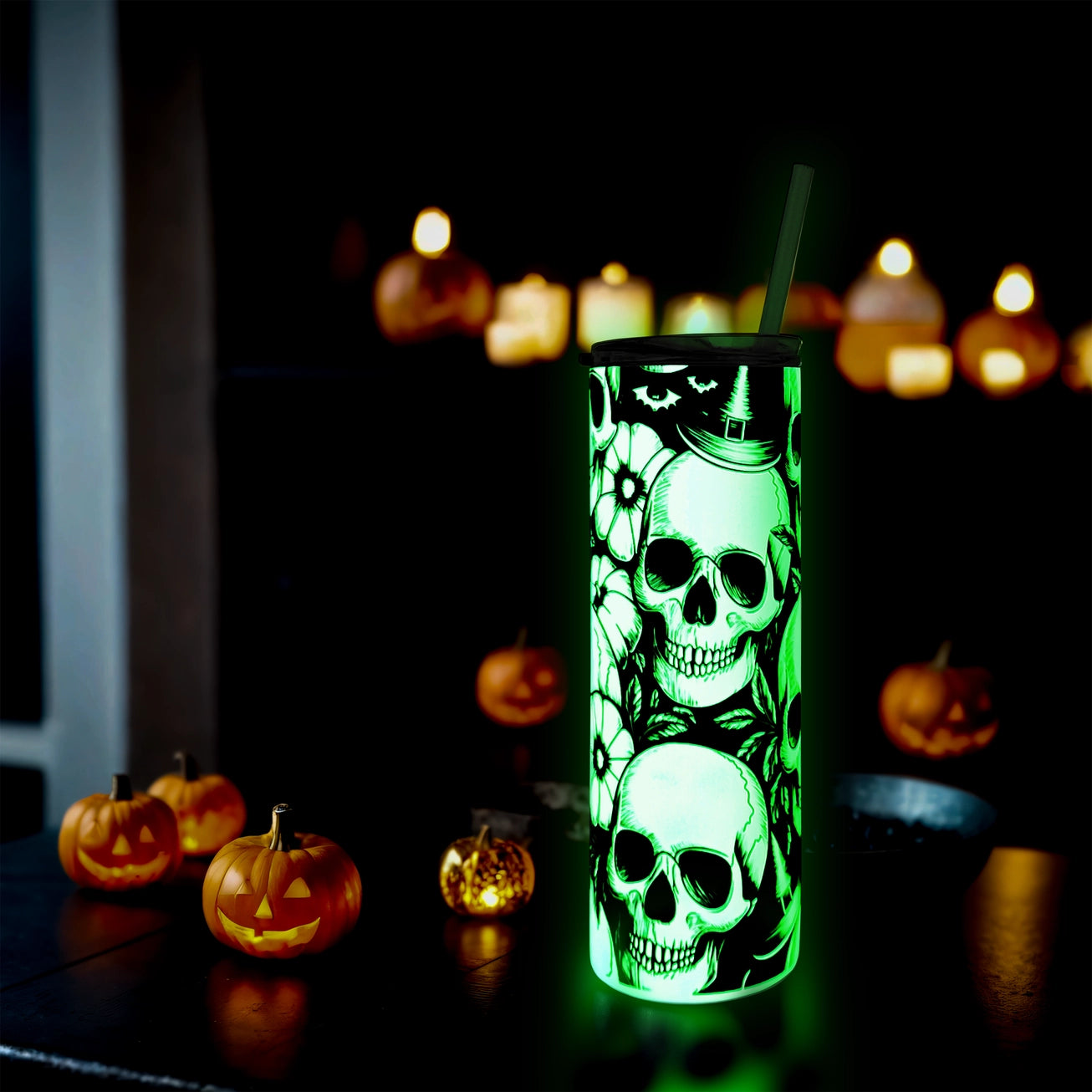 Custom Glow-in-the-Dark 20oz Skinny Tumbler with Lid & Straw β Personalised Stainless Steel, Insulated, Non-Spill, Non-Slip Travel Cup, Great for Halloween Designs