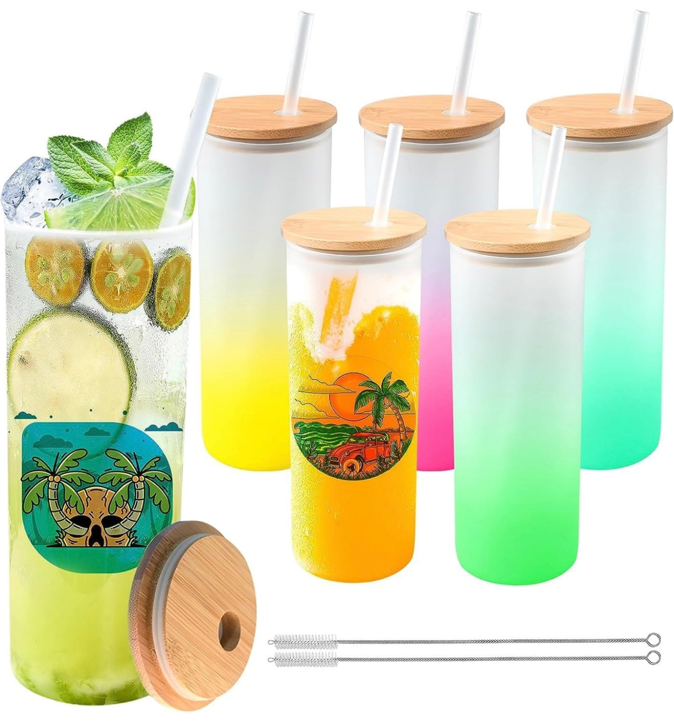 Personalized 25oz Glass Tumbler – Custom Printed Frosted Glass with Bamboo Lid & Coloured Reusable Straw (6 Colour Options)