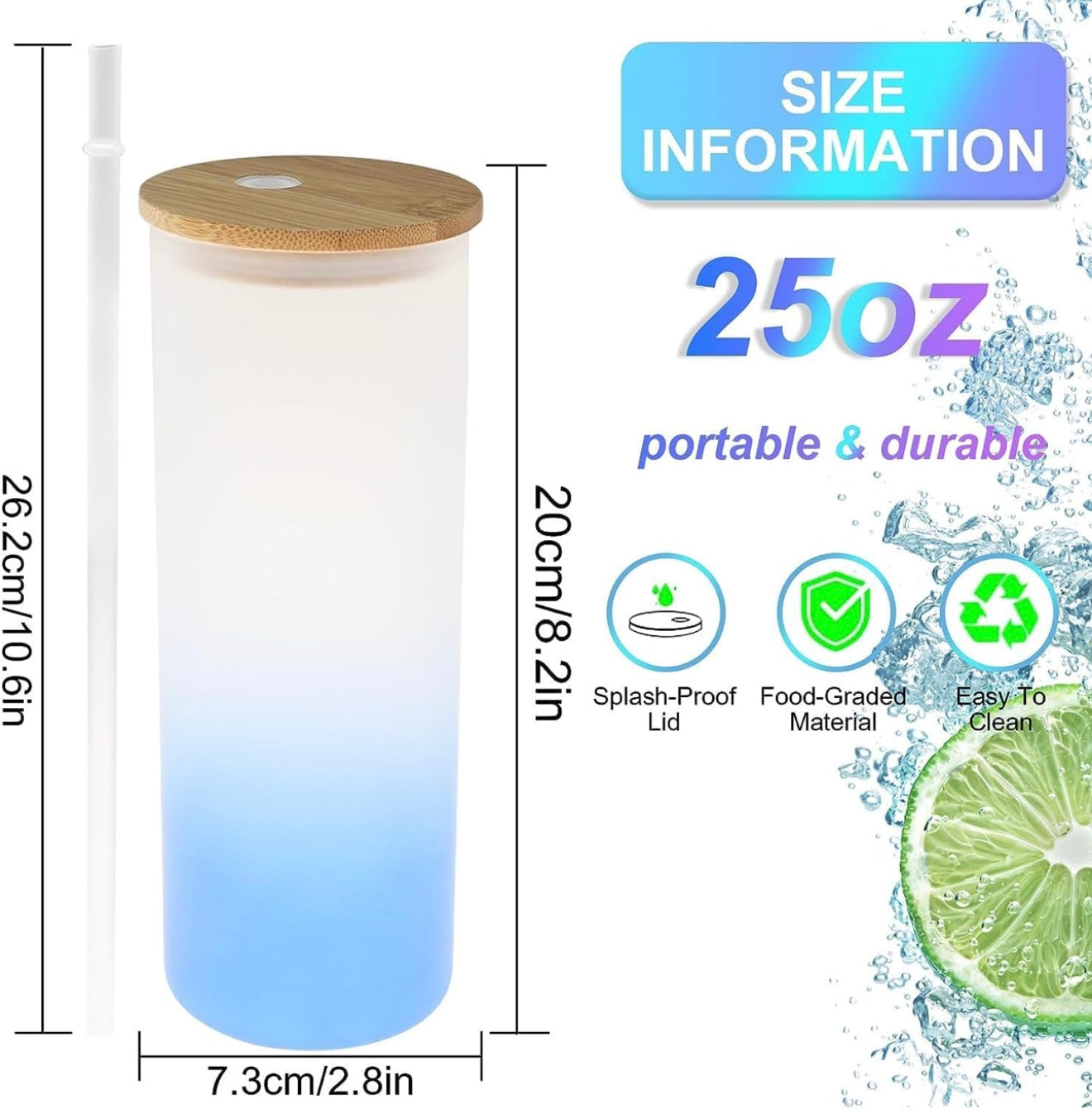 Personalized 25oz Glass Tumbler – Custom Printed Frosted Glass with Bamboo Lid & Coloured Reusable Straw (6 Colour Options)