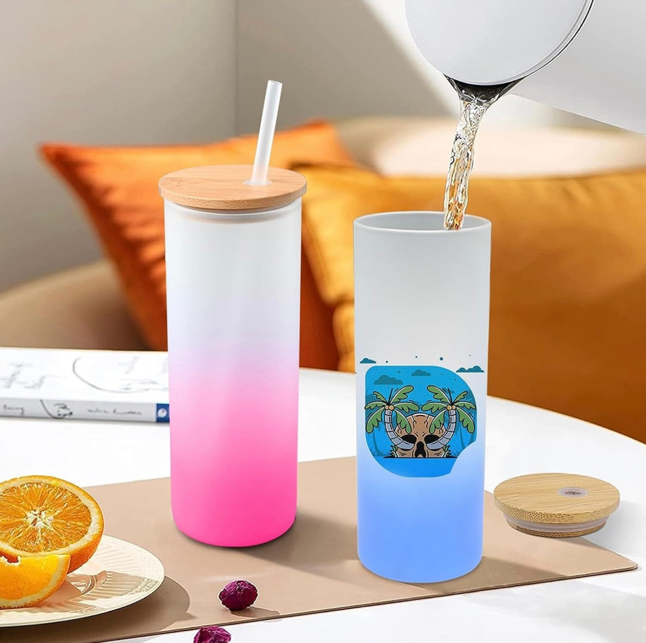 Personalized 25oz Glass Tumbler – Custom Printed Frosted Glass with Bamboo Lid & Coloured Reusable Straw (6 Colour Options)