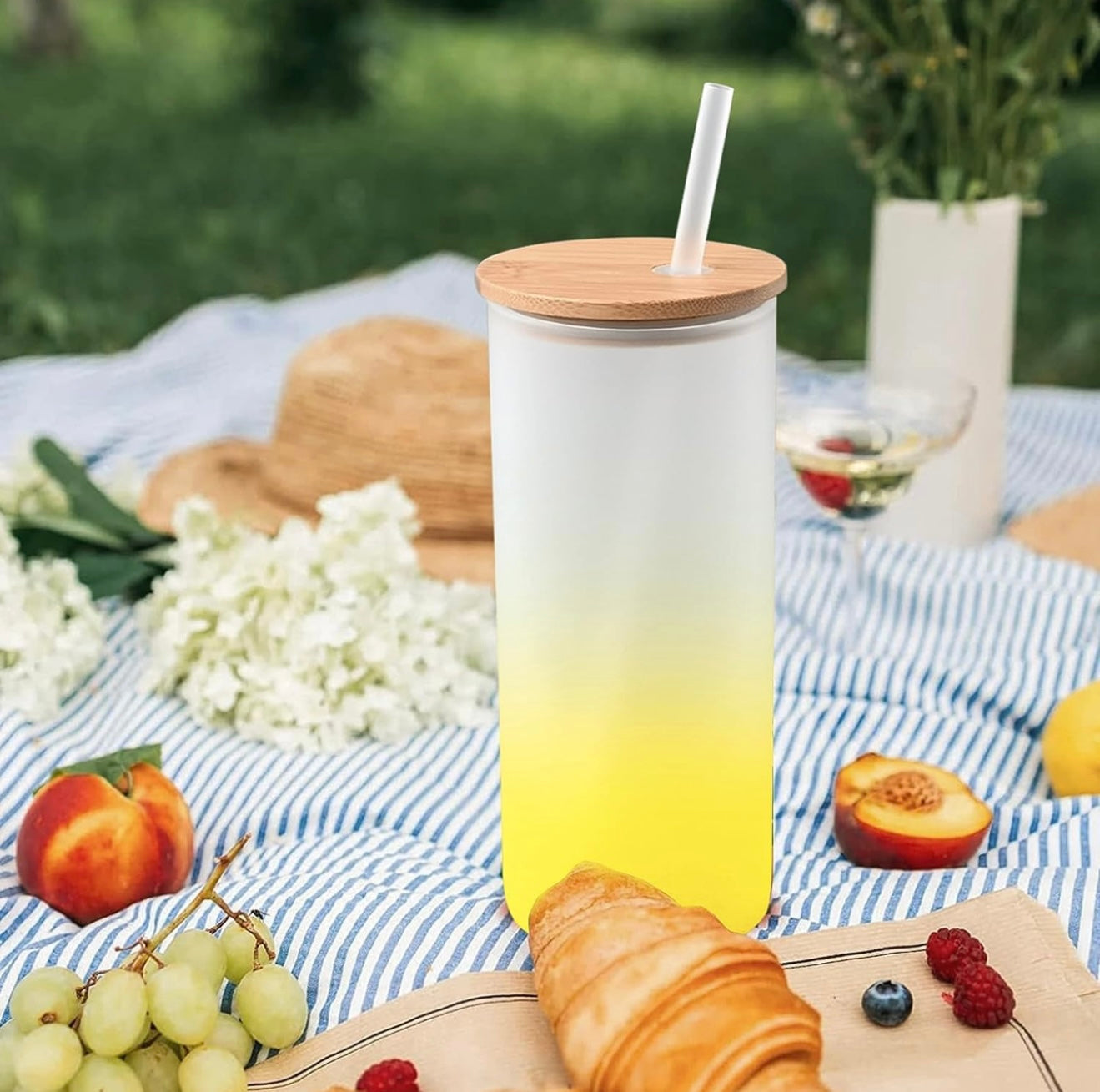 Personalized 25oz Glass Tumbler – Custom Printed Frosted Glass with Bamboo Lid & Coloured Reusable Straw (6 Colour Options)