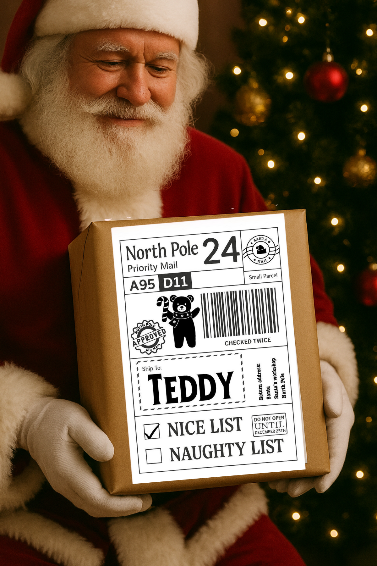 Personalised Xmas Labels Pack of 10 - Nice List Naughty List 4 Designs for North Pole Priority Mail A95 D11 Small Parcel 6"x4" Self-Adhesive Labels