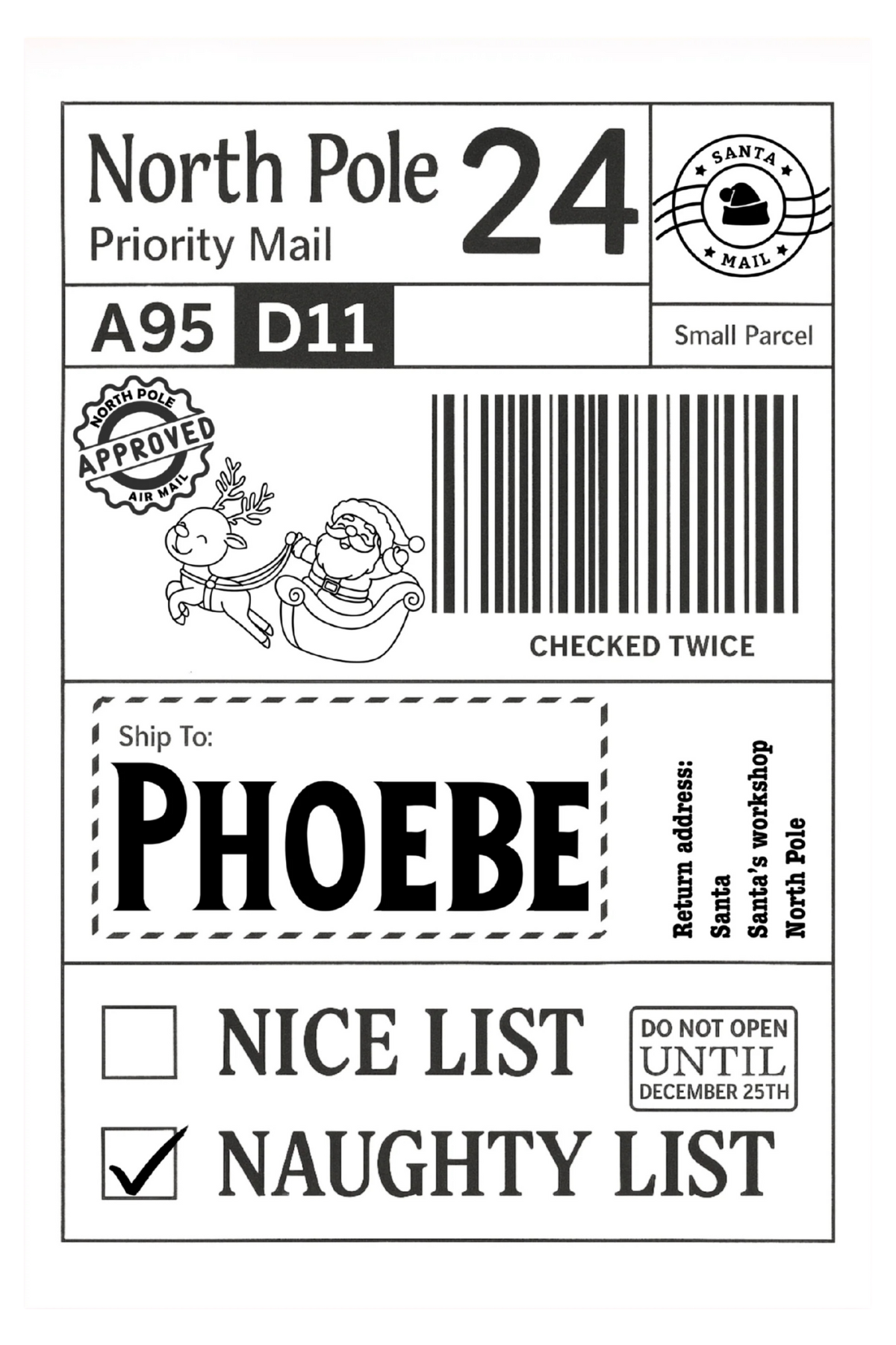 Personalised Xmas Labels Pack of 10 - Nice List Naughty List 4 Designs for North Pole Priority Mail A95 D11 Small Parcel 6"x4" Self-Adhesive Labels