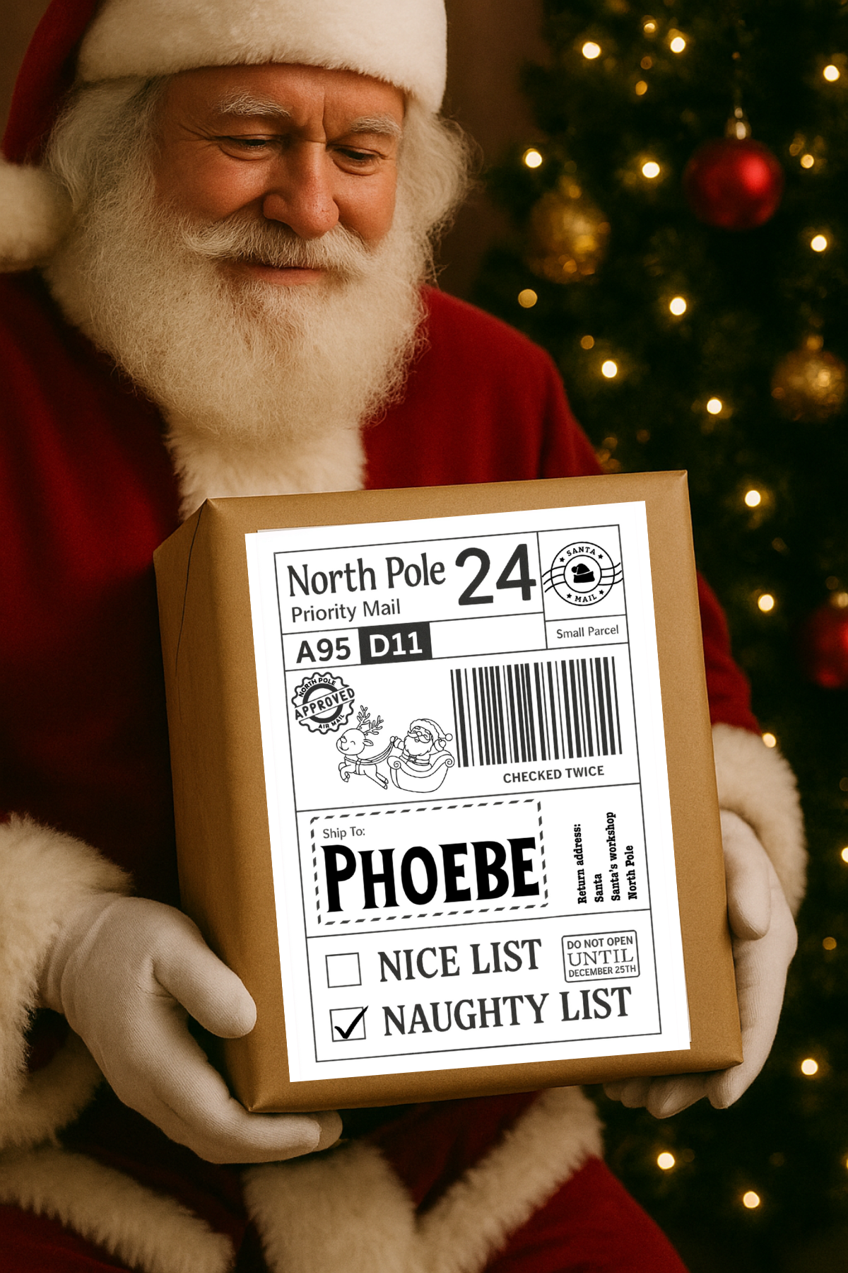 Personalised Xmas Labels Pack of 10 - Nice List Naughty List 4 Designs for North Pole Priority Mail A95 D11 Small Parcel 6"x4" Self-Adhesive Labels