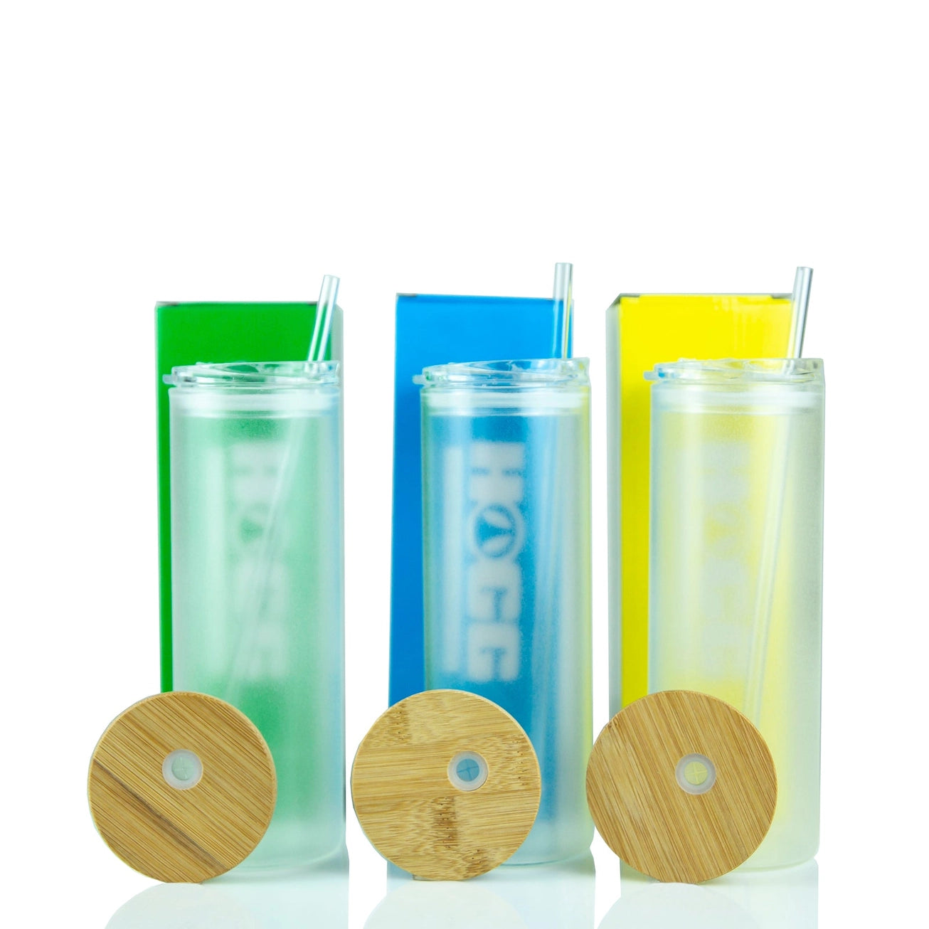 20oz Personalised Glow in the Dark Skinny Glass Tumbler – Blue, Yellow & Green | Custom Drinkware