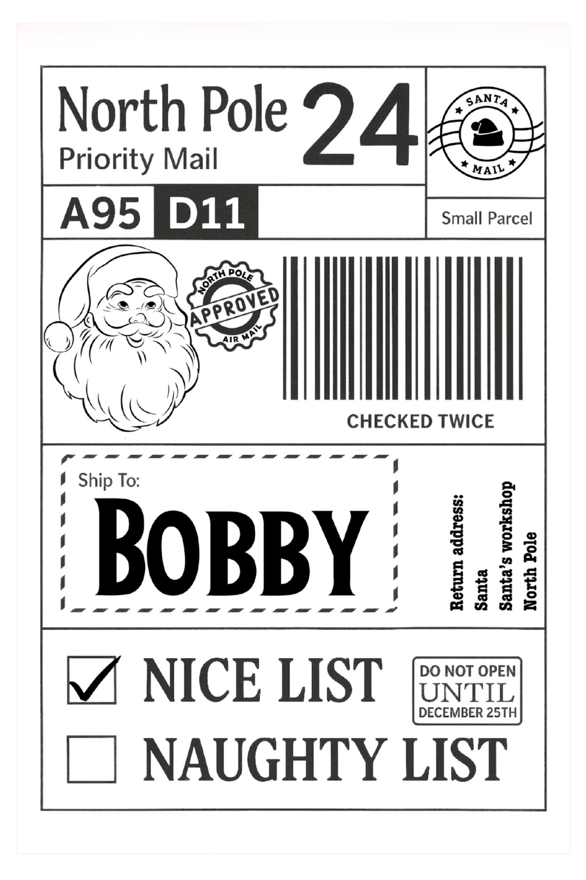 Personalised Xmas Labels Pack of 10 - Nice List Naughty List 4 Designs for North Pole Priority Mail A95 D11 Small Parcel 6"x4" Self-Adhesive Labels