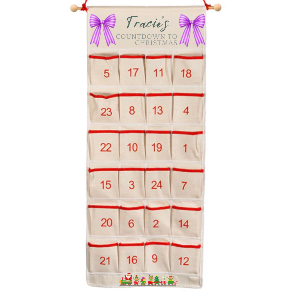 Christmas countdown calendar with purple bows on a white background