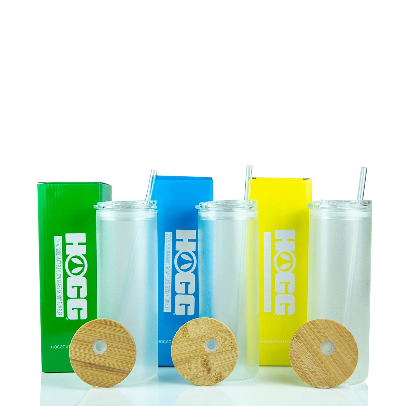 20oz Personalised Glow in the Dark Skinny Glass Tumbler – Blue, Yellow & Green | Custom Drinkware