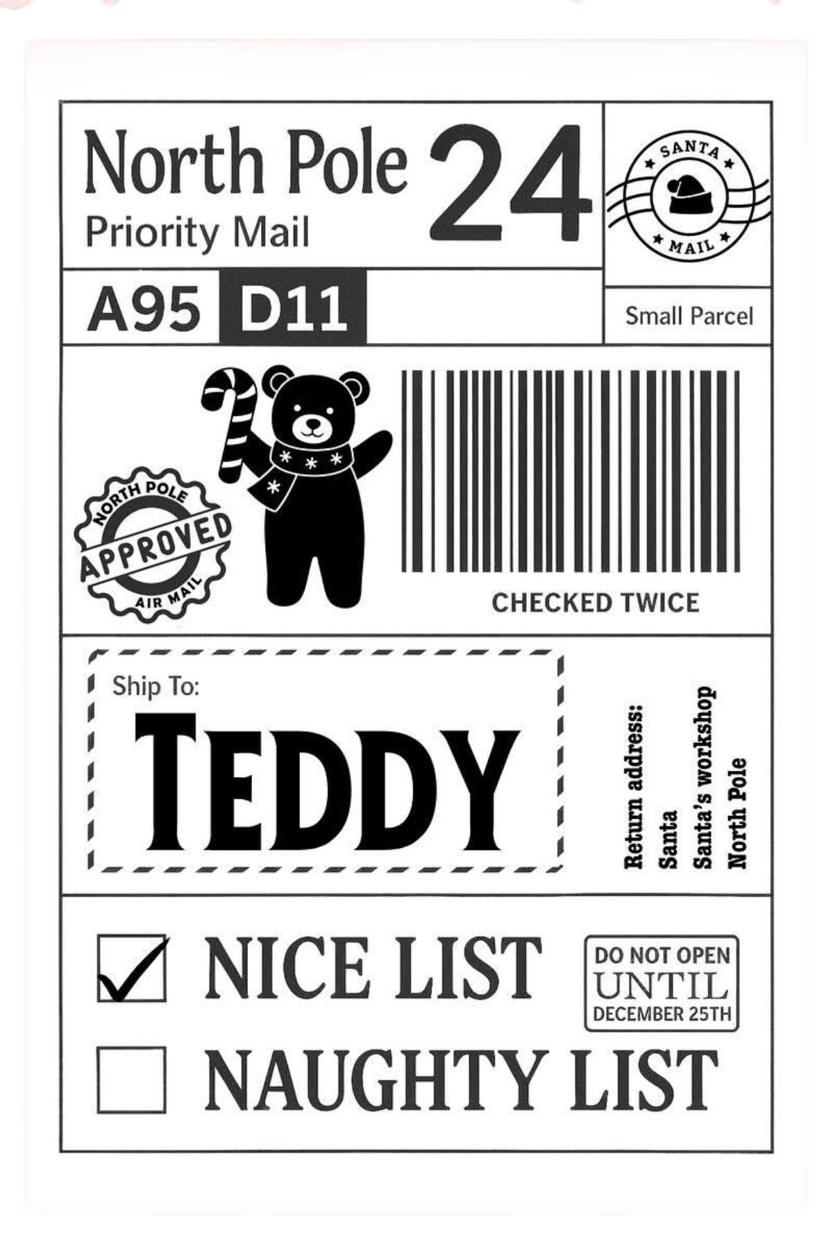 Personalised Xmas Labels Pack of 10 - Nice List Naughty List 4 Designs for North Pole Priority Mail A95 D11 Small Parcel 6"x4" Self-Adhesive Labels