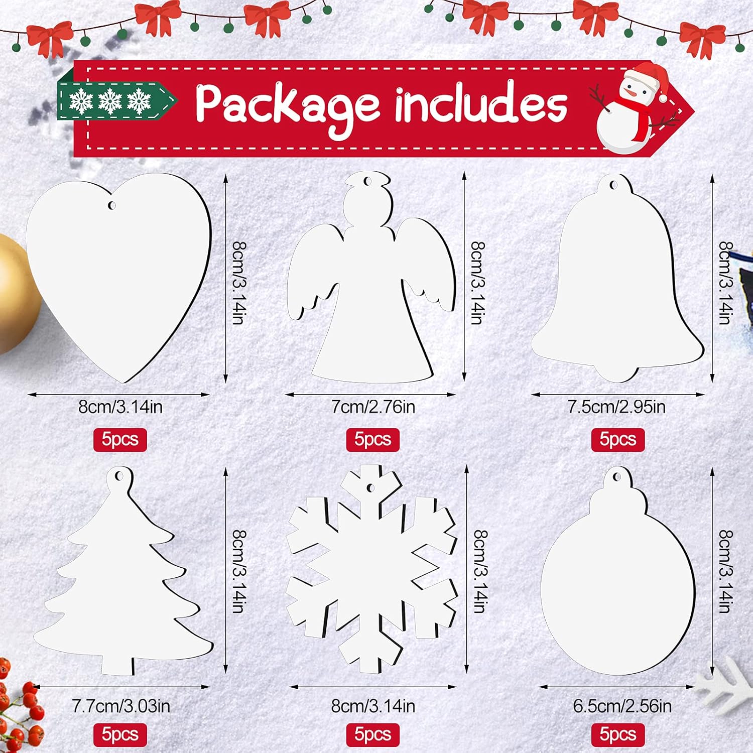 Set of 6 Personalized Double Sided MDF Christmas Tree Decorations Hanging Pendants with Red Ribbon