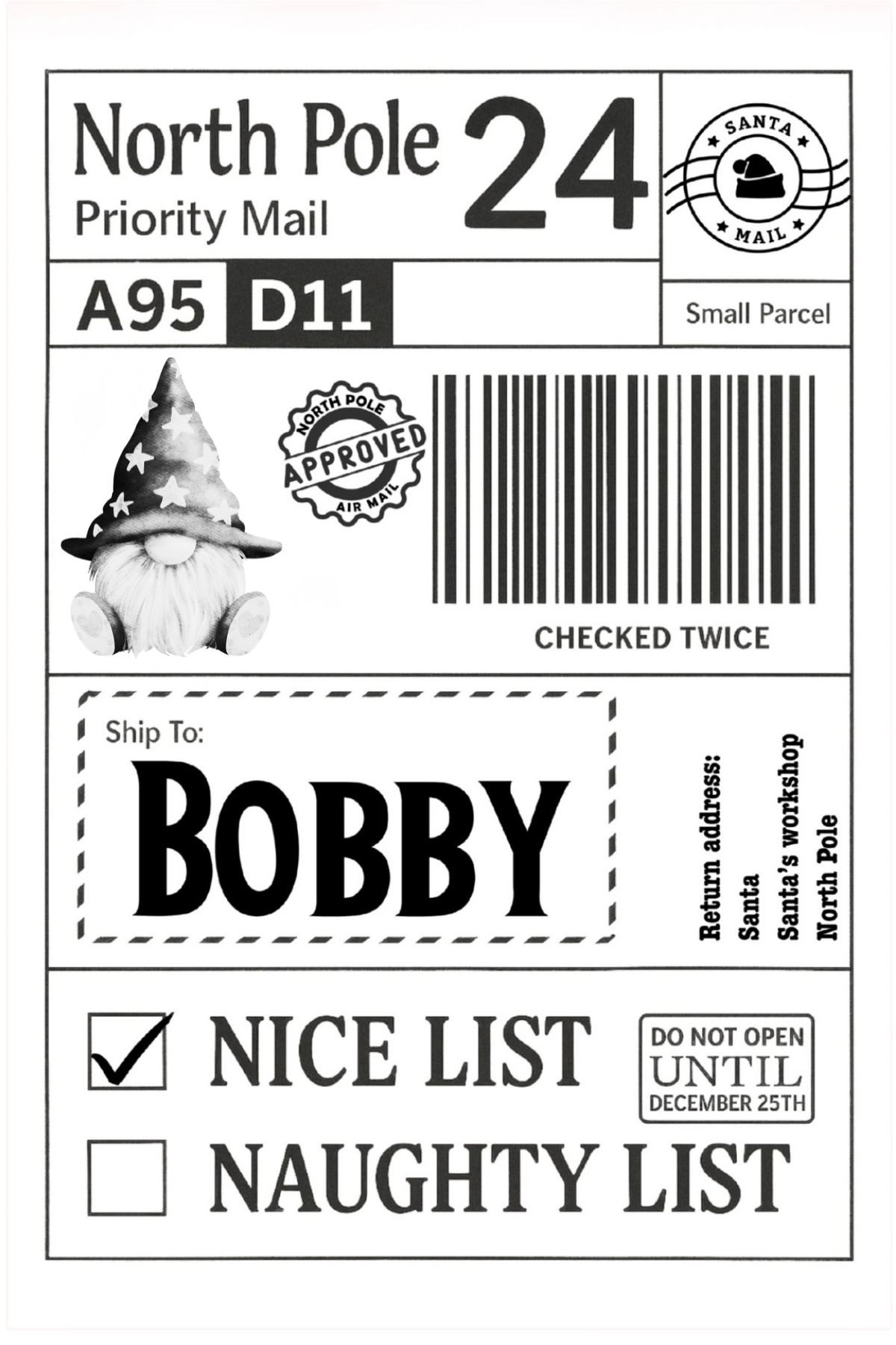 Personalised Xmas Labels Pack of 10 - Nice List Naughty List 4 Designs for North Pole Priority Mail A95 D11 Small Parcel 6"x4" Self-Adhesive Labels