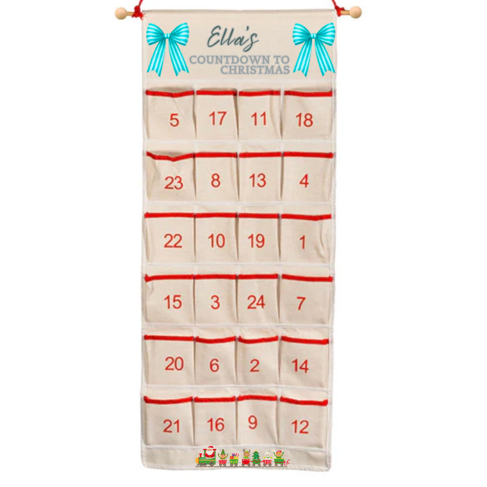 Christmas countdown calendar with red pockets and decorative elements on a white background