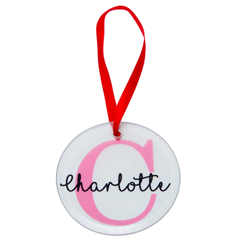 Personalised Glass Christmas Tree Decorations – Hexagon, Square, Round & Heart Ornaments | Red Ribbon