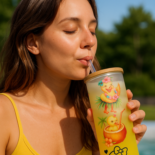 Personalised 25oz Glass Tumbler – Custom Printed Frosted Glass with Bamboo Lid & Coloured Reusable Straw (6 Colour Options)
