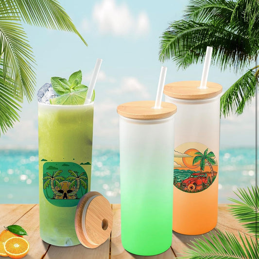 Personalised 25oz Glass Tumbler – Custom Printed Frosted Glass with Bamboo Lid & Coloured Reusable Straw (6 Colour Options)