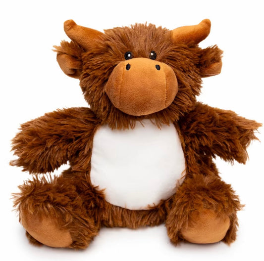 Personalised Highland Cow Plush Toy – Custom Printed Belly – Soft Toy Keepsake – CE & UK Certified