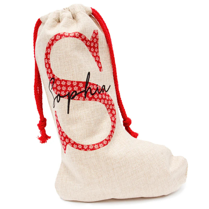 Personalised Drawstring Santa Stocking – Linen Look Christmas Sack | Festive Gift Bag