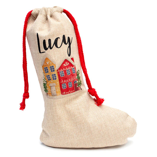 Personalised Drawstring Santa Stocking – Linen Look Christmas Sack | Festive Gift Bag