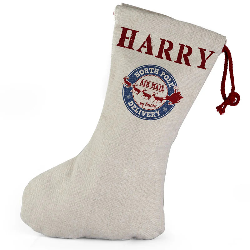 Personalised Drawstring Santa Stocking – Linen Look Christmas Sack | Festive Gift Bag