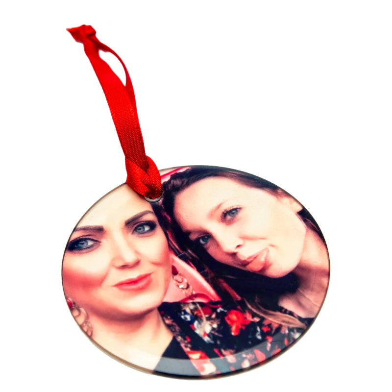 Personalised Glass Christmas Tree Decorations – Hexagon, Square, Round & Heart Ornaments | Red Ribbon