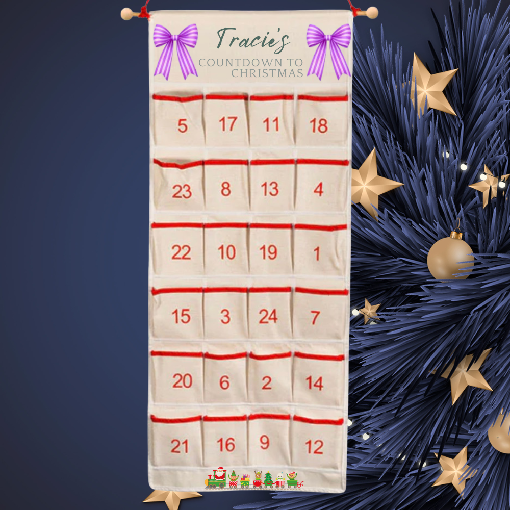 Personalised Linen Christmas Advent calender With Wooden Rod & String