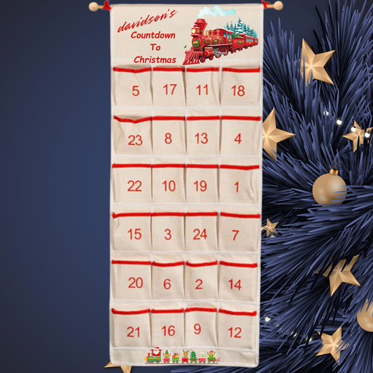 Personalised Linen Christmas Advent calender With Wooden Rod & String