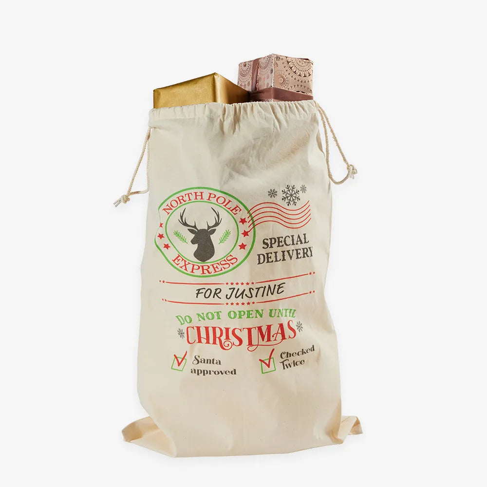 Personalised Linen Christmas Sack with Natural Rope – Small & Large Sizes | Festive Gift Bag
