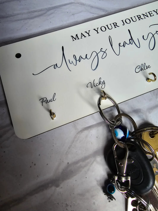 Personalised Hardboard Key Holder – Wall-Mounted Plaque with 5 Hooks – Custom Printed – 10 x 28 cm